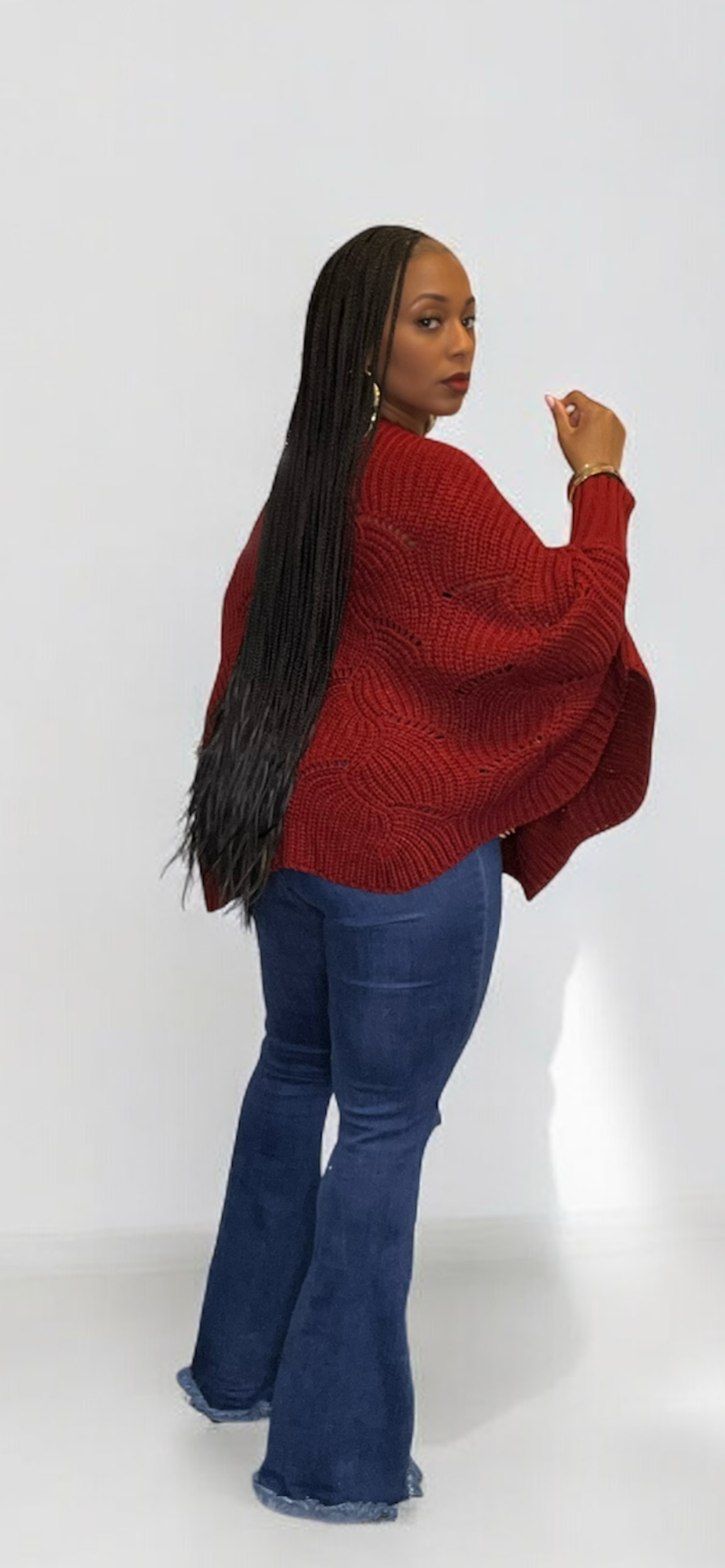 Ribbed Knit Poncho Sweater (Burgundy)