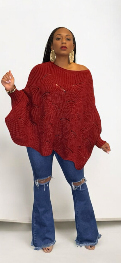 Ribbed Knit Poncho Sweater (Burgundy)