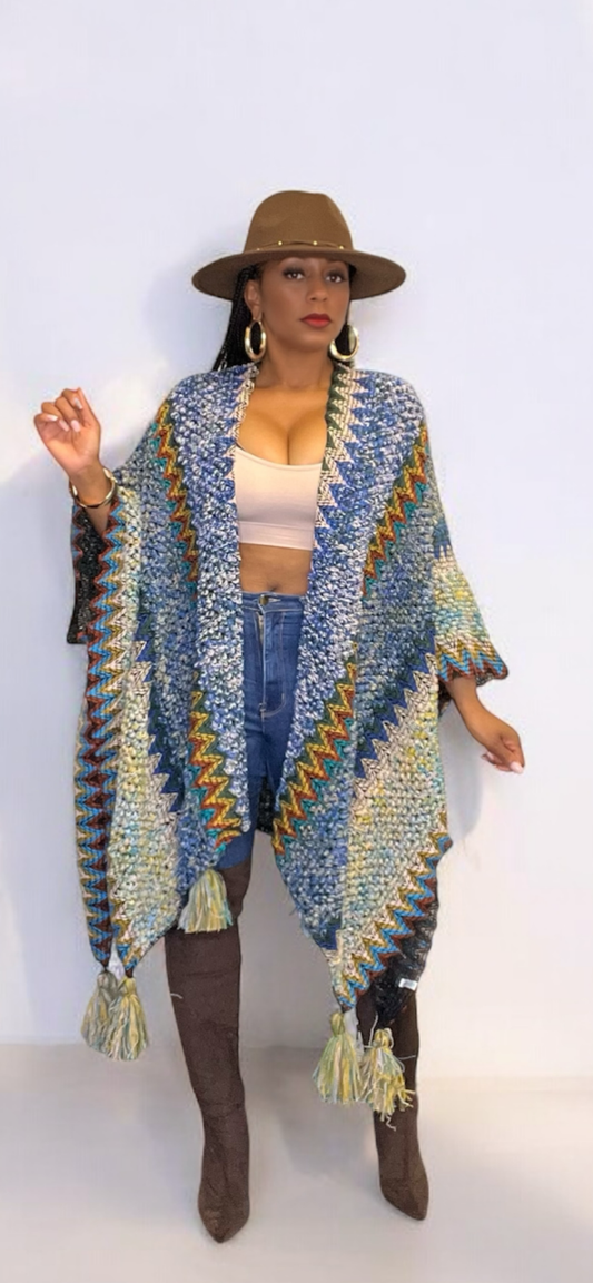 Crochet Ruana Poncho (Cobalt)