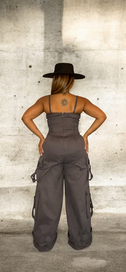 Gray Cargo Utility Jumpsuit