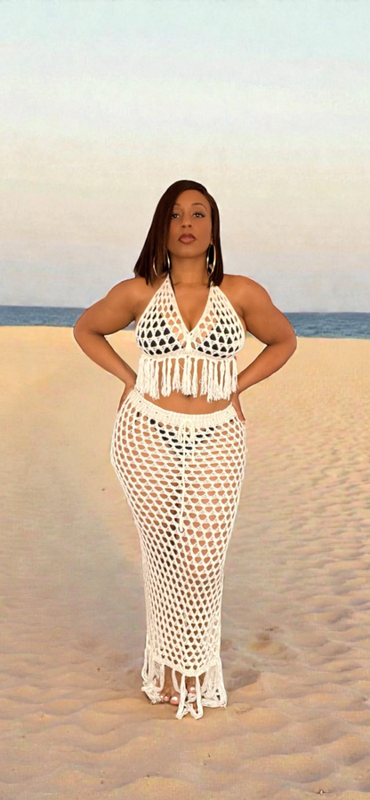 2-Piece Skirt Crochet Cover Up (White)