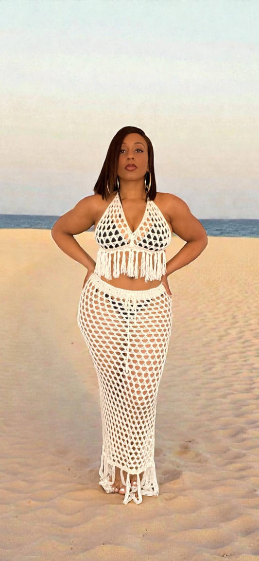 2-Piece Skirt Crochet Cover Up (White)