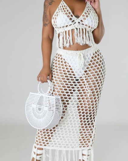2-Piece Skirt Crochet Cover Up (White)