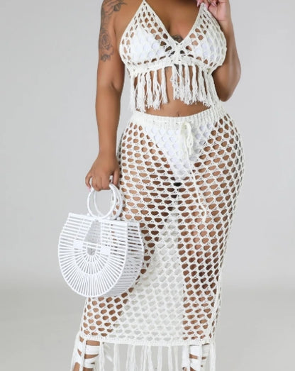 2-Piece Skirt Crochet Cover Up (White)
