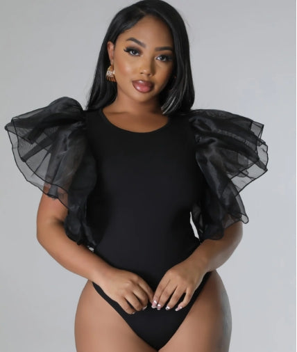 Bodysuit with Organza Sleeves (Black)