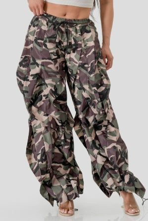 Camo Print Ruffle Parachute Pants